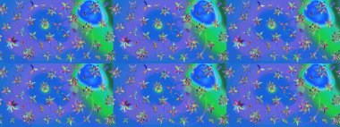 Raster illüstrasyonu. Çiçek desenli çizim. Mavi ve mor renkli çiçekler. Raster illüstrasyonu. Asya tekstil tarzında.