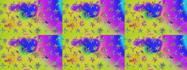 Raster Illustrasyon 'daki Çiçek Deseni' nin son moda çizimi. Mor ve sarı renkli çiçekler. Düz Çiçek Elementleri Tasarımı. Renkli Yaz Teması çizim şablonu.