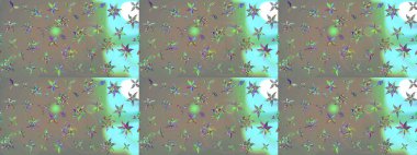 Çok renkli ve bej renkli küçük çiçekler ve gri ve bej renkli komik böcekler, raster desen, illüstrasyon.