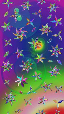 Yeşil ve mavi renkte çiçekler. Raster illüstrasyonu. Tropikal çizim çiçek deseni.