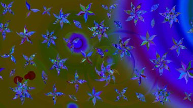 Raster illüstrasyonu. Yaprak ve çiçeklerin suluboya resimleri, yeşil ve mavi renkler üzerine çizimler. Yeşil ve mavi renklerde bahar çiçekleri..