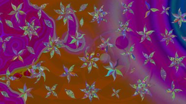 Moda baskıları için zarif bir şablon. Parlak renkli çiçekleri ve mor ve kahverengi renkte yaprakları olan harika bir çiçek deseni. Halk tarzı. Modern çiçek arkaplanı.