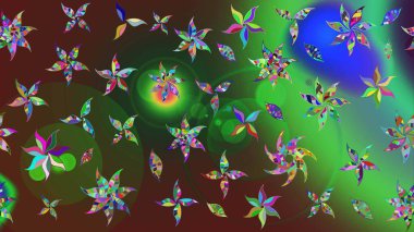 Raster illüstrasyonu. Çiçek ve yapraklı karalama şeklinde Raster çiçek deseni. Yeşil ve kahverengi renklerde bahar çiçekleri..