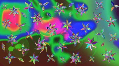 Raster illüstrasyonu. Şirin çiçekli eskiz deseni ve yeşil ve mavi renkli yapraklar, suluboya çiçek deseni, duvar kağıdı, kart veya kumaş için fayanslı.