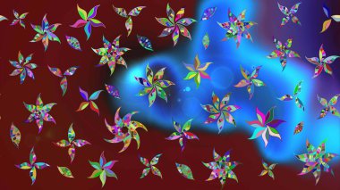 Sevgililer günü ve tebrik kartı konsepti için şık bir davetiye. Kırmızı ve mavi renkte manzaralı çiçek deseni. Çiçek kompozisyonu, el boyası, hassas şablon. Üst görünüm, yumuşak biçim.