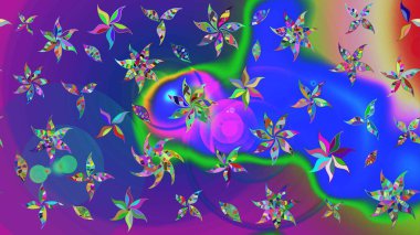 Elle çizilmiş çiçek desenli Raster çizimi. Mavi ve mor arka planda. Çocuksu tasarım. Tekstil, kumaş, ambalaj, hatıra defteri için güzel çiçek arkaplanı..