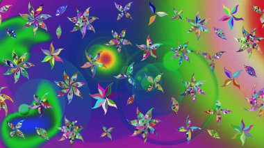 Sevimli çiçek raster deseni. Düz Çiçek Elementleri Tasarımı. Yeşil ve mavi renkte çiçekler. Renkli Yaz Teması çizim şablonu.