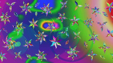 Raster illüstrasyonu. Çiçek desenli eskiz, darbeler, sıçramalar, yaz çiçekleri. Yeşil ve mavi renkte çiçekler.