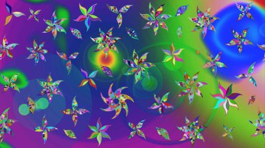 Yumuşak, bahar çiçekleri mavi ve yeşil renklerde. Raster illüstrasyonu. Çiçek ve yapraklı karalama şeklinde Raster çiçek deseni.