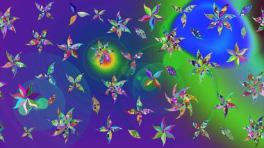 Mavili ve menekşe rengi zarif küçük çiçekler ve mavi ve mor renkli komik böcekler, raster desen, illüstrasyon.