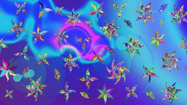 Çiçekli karalama şeklinde Raster çiçek deseni. Mavi ve mor renkli çiçekler. Nazik, narin çiçek arkaplanı.