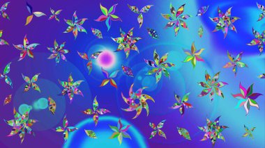 Halk tarzı. Moda baskıları için zarif bir şablon. Parlak renkli çiçekleri ve mavi ve menekşe renklerinde yaprakları olan harika bir çiçek deseni. Modern çiçek arkaplanı.