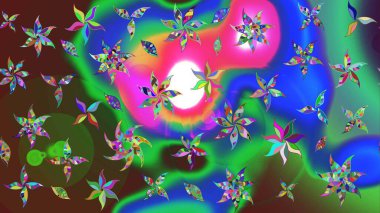 Küçük çiçekte güzel bir desen. Yeşil ve mavi çiçekli bahar çiçekleri. Moda baskıları için zarif bir şablon. Motley illüstrasyonu. Küçük renkli çiçekler..