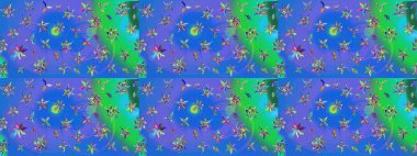 Halk tarzı. Moda baskıları için zarif bir şablon. Parlak renkli çiçekleri olan ve mavi ve yeşil renkli yaprakları olan harika bir çiçek deseni. Modern çiçek arkaplanı.