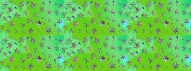 Ağaç dallı bahar çiçekli desen, çiçek siluetiyle yeşil ve mavi renkler. Raster deseni.