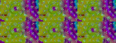 El çizimi çiçek unsurları olan soyut çizim raster deseni. 1950-1960 motifleri. Yeşil ve mor üzerine yeşil ve mor. Çiçekli ipek eşarp. Retro tekstil tasarım koleksiyonu.