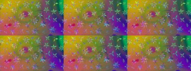 Bir sürü yeşil ve kahverengi soyut çiçekli tropik eskiz deseni. Küçük çiçekteki sevimli çiçek deseni. Varicologreen ve kahverengi raster çizimi.