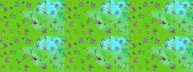 Tropik çiçek desenleri. Raster illüstrasyonu. Yeşil ve mavi renkte çiçekler.