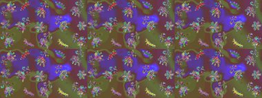 Raster illüstrasyonu. Kar tanelerinin soyut arkaplanı olan şirin bir Noel arkaplanı. Yeşil, kahverengi ve mor kar taneleri. Renkler. Noel ve Yeni Yıl moda baskıları için tatil tasarımı.