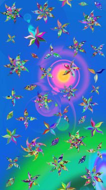 Raster çiçek izi. Klasik taslak çizimi. Çiçek mavisi ve yeşil çizim deseni.