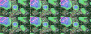 Raster illüstrasyonu. Yeşil ve mavi renklere karalamalar çizen kusursuz çiçek deseni.