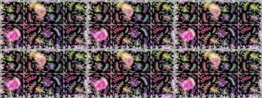 Siyah ve nötr renkler. Klasik çiçekler. El çizimi, soyut ve süslü elementler. Suluboya resim taklit Raster çizimi. Yaz çiçekleri teması.