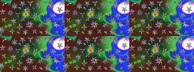 Çiçek desenli çizim. Düz Çiçek Elementleri Tasarımı. Raster illüstrasyonu. Yeşil ve mavi renkte çiçekler. Asya tekstil tarzında. Renkli Bahar Teması çizim şablonu.