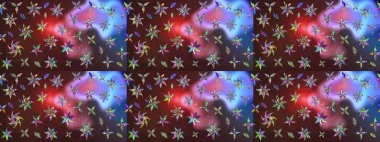 Çiçek desenli çizim. Kahverengi ve mor renkli Asya tekstili. Raster illüstrasyonu.