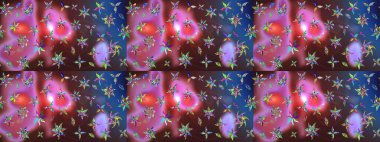 Çiçekli zambakların eskiz geçmişi. Parlak çiçekli kolaj çiçekleri kahverengi ve mavi. Çiçek tasarımı için inanılmaz kolaj cennet tarzı..