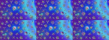 Tekstil, kumaş, ambalaj, hatıra defteri için hoş bir çiçek arkaplanı. Mavi ve mor arka planda. Elle çizilmiş çiçek desenli Raster çizimi. Çocuksu tasarım.
