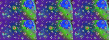 Mavili ve menekşe rengi zarif küçük çiçekler ve mavi ve mor renkli komik böcekler, raster desen, illüstrasyon.