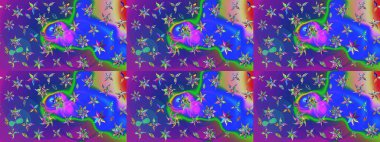 Çocuksu tasarım. Mavi ve mor arka planda. Elle çizilmiş çiçek desenli Raster çizimi. Tekstil, kumaş, ambalaj, hatıra defteri için güzel çiçek arkaplanı..