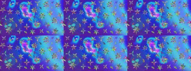 Suluboya çiçekli çiçek deseni. Mavi ve mor renkli Asya tekstili. Raster illüstrasyonu.