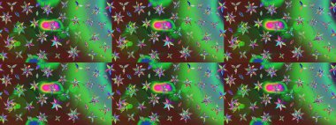 Renkli Bahar Teması eskiz kalıbı. Yeşil ve kahverengi renkli çiçekler. Çiçekli çizim şekli. Düz Çiçek Elementleri Tasarımı.