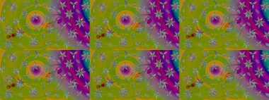 Raster illüstrasyonu. 3D çiçekler, eskiz. Yeşil ve mor renklerde.