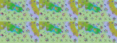 Raster illüstrasyonu. Hint süsü. Renkli süs kenarı. Çiçek duvar kağıdı. Tarafsız ve yeşil renklerde. Çizim deseni.