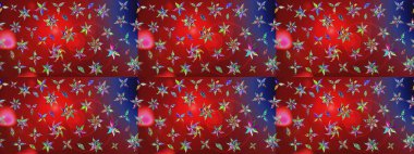 Ağaç dallı bahar çiçekleri ile desen, kırmızı ve mavi renkler ile çiçek silueti. Raster deseni.