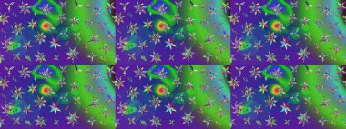 Çiçeksel fantezi tasarımı ve parlak bir arka plan çizimi. Renkli Bahar Teması eskiz kalıbı. Düz Çiçek Elementleri Tasarımı.