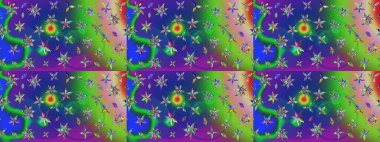 Üzerinde gelincikler ve vadi zambakları olan renkli çiçek desenli nakış deseni. Tekstil tasarımı için geleneksel Raster çiçek buketi yeşil ve mavi renkler.