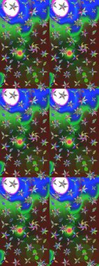 Asya tekstil tarzında. Çiçek desenli çizim. Renkli Bahar Teması eskiz kalıbı. Yeşil ve mavi renkte çiçekler. Düz Çiçek Elementleri Tasarımı. Raster illüstrasyonu.