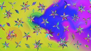 Raster düz çiçek çizim deseni. Hediye ambalaj kağıdı, tebrik kartları, posterler ve pankart tasarımı. Mor ve sarı renkte çiçekler.