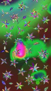 Raster illüstrasyonu. Yeşil ve kahverengi renkli çiçekler. Düz Çiçek Elementleri Tasarımı. Renkli Bahar Teması eskiz kalıbı. Çiçekli çiçek deseni, suluboya..