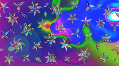 Raster - stok. Yapraklı çiçekler ve mavi ve mor renkli papatya çiçekleri. Taslak arkaplan deseni.