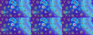 Çiçek deseni. Mavi ve mor renkli çiçek çizimi. Şatafatlı bahar bahçesi dokusu. Raster illüstrasyonu. Mavi ve mor renkte çiçekler.