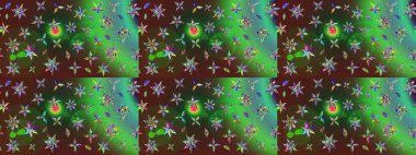 Varicologreen ve kahverengi raster çizimi. Bir sürü yeşil ve kahverengi soyut çiçekli tropik eskiz deseni. Küçük çiçekte sevimli çiçek deseni var..