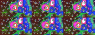 Yeşil ve mavi renkte güzel çiçekler, suluboya desenli, duvar kağıdı, kart ya da kumaş için fayanslı eskizler. Raster..