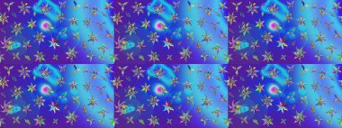 Çiçek deseni. Mavi ve mor renkli çiçek çizimi. Şatafatlı bahar bahçesi dokusu. Raster illüstrasyonu. Mavi ve mor renkte çiçekler.