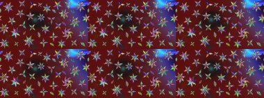 Renkli ve kahverengi raster çizimi. Bir sürü kırmızı ve kahverengi soyut çiçekli tropik eskiz deseni. Küçük çiçekte sevimli çiçek deseni var..