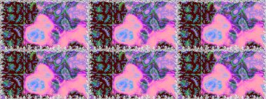 Çiçeksiz desenli, suluboya elle çizilmiş elementler. Parlak renkli fantezi çiçekleri, yapraklar, pembe ve mor renkli tomurcuklar ve pembe ve mor.