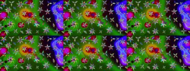 Çiçek süslemeli çizim deseni. Yeşil ve mavi renkte çiçekler. Raster illüstrasyonu.